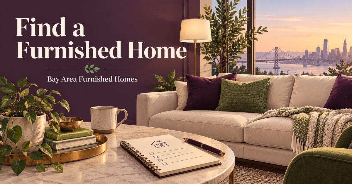 Furnished Bay Area living room with a housing checklist notebook